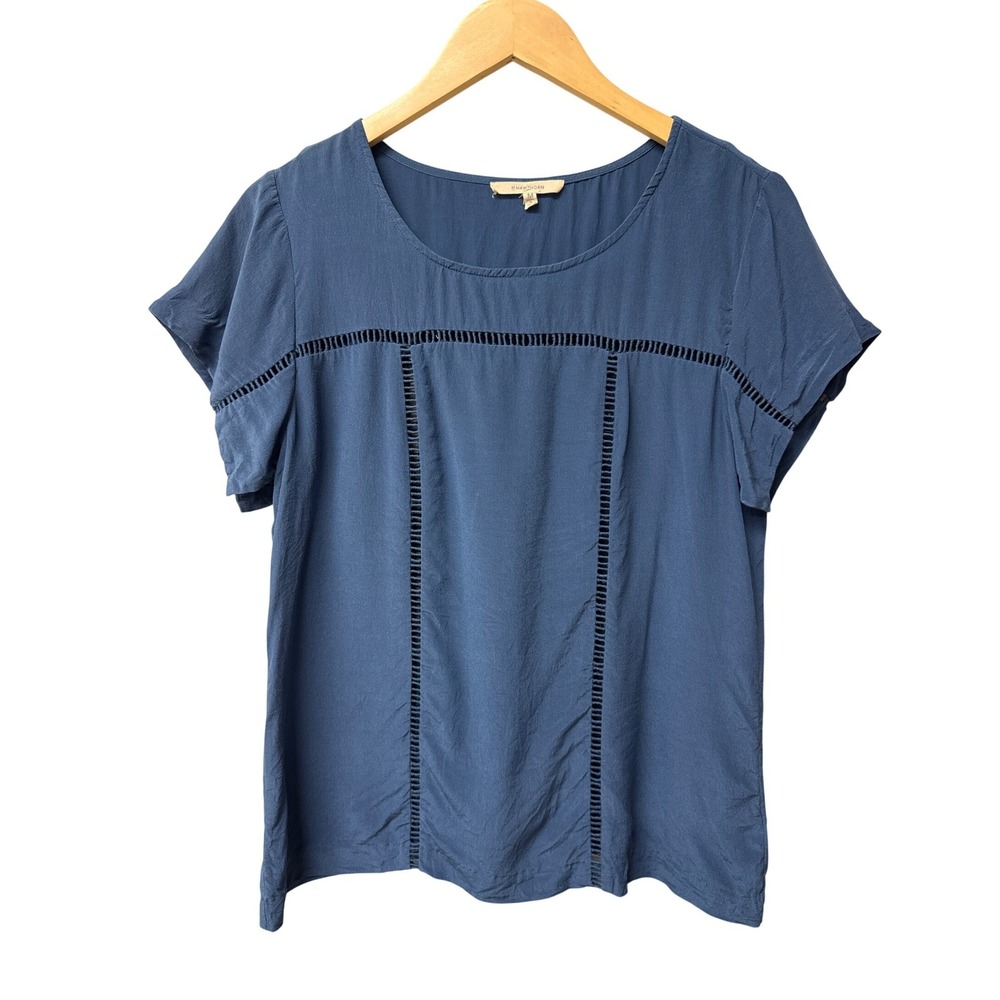 41 Hawthorn 100% Silk Blouse Women M Blue Ladder Trim Detail Short Sleeve Boho